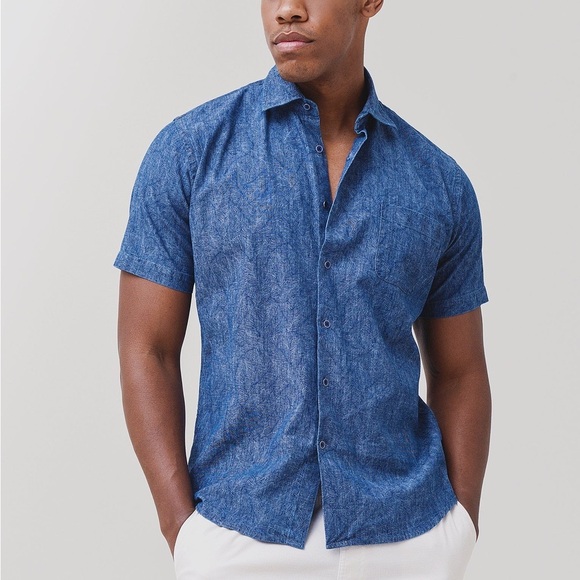 PETER MILLAR Seaside Indigo Palms Cotton-Stretch Sport Shirt - Picture 1 of 8